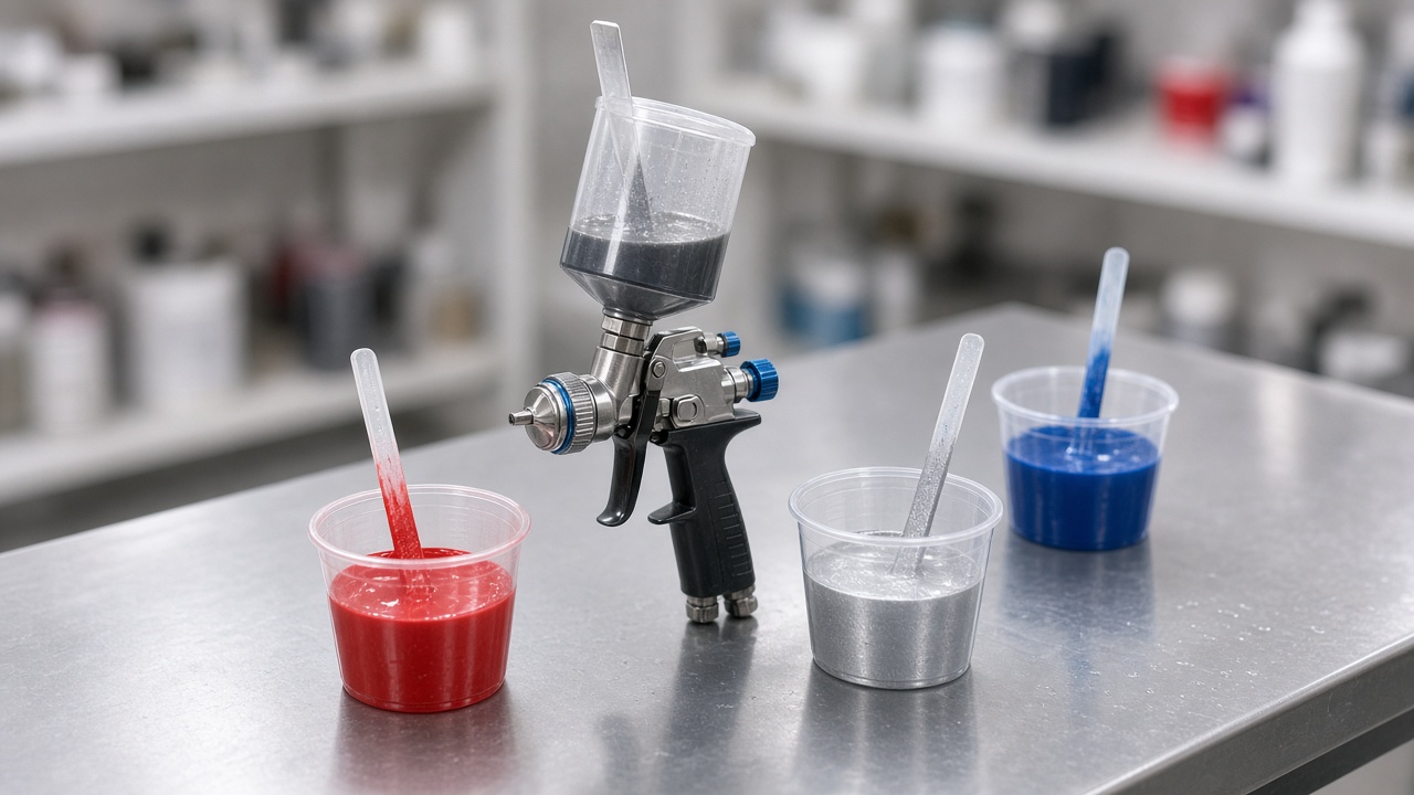 Style inspiration: a spray gun and small cups of tinted automotive paint on a mixing bench