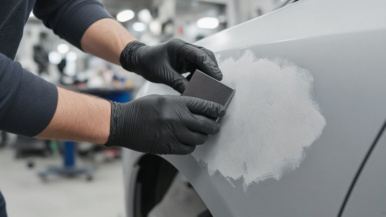 Style inspiration: gloved hands smoothing a repaired car door panel in a bright body shop
