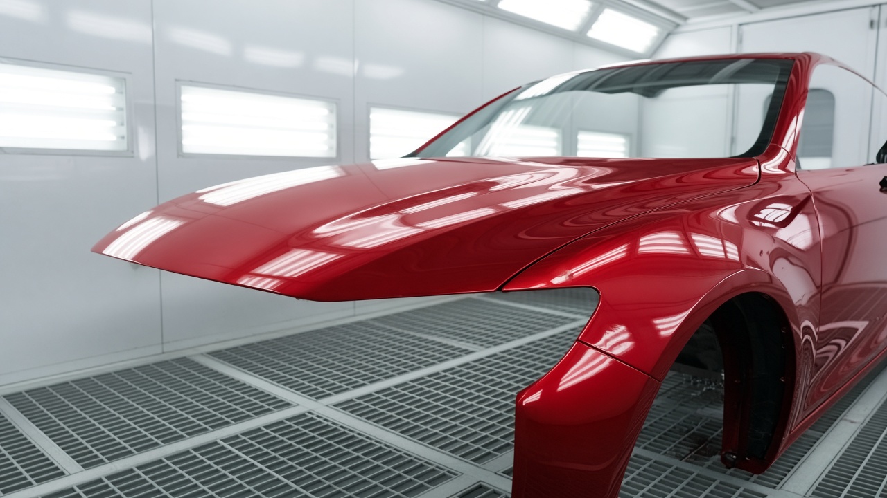 Style inspiration: a freshly painted glossy red fender and hood inside a bright paint booth