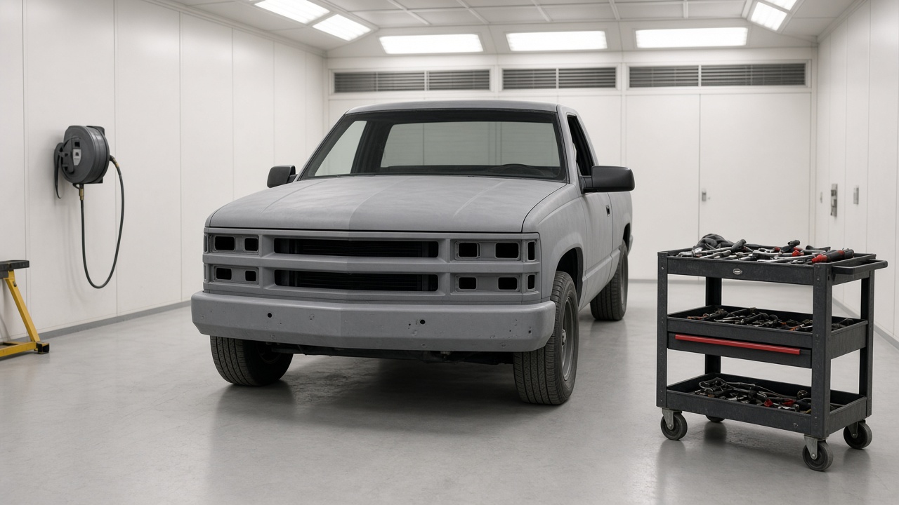 Style inspiration: an older pickup in grey primer inside a clean, bright shop bay