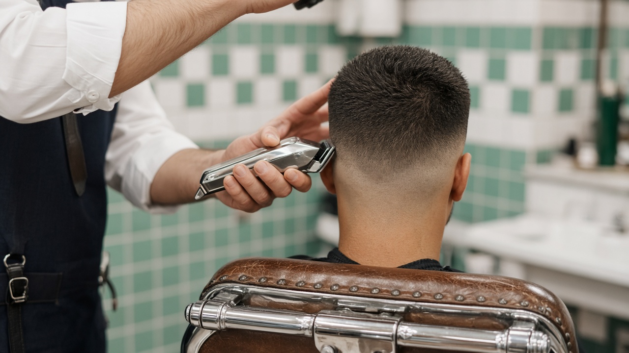 Style inspiration: a barber shaping a taper fade with clippers, seen from behind the client
