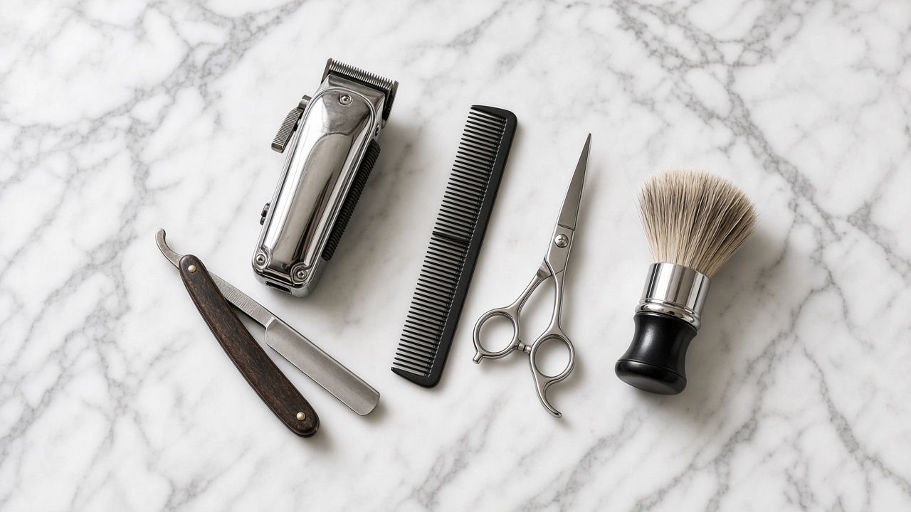 Style inspiration: vintage clippers, a straight razor, a comb and a neck brush laid out on a barber counter