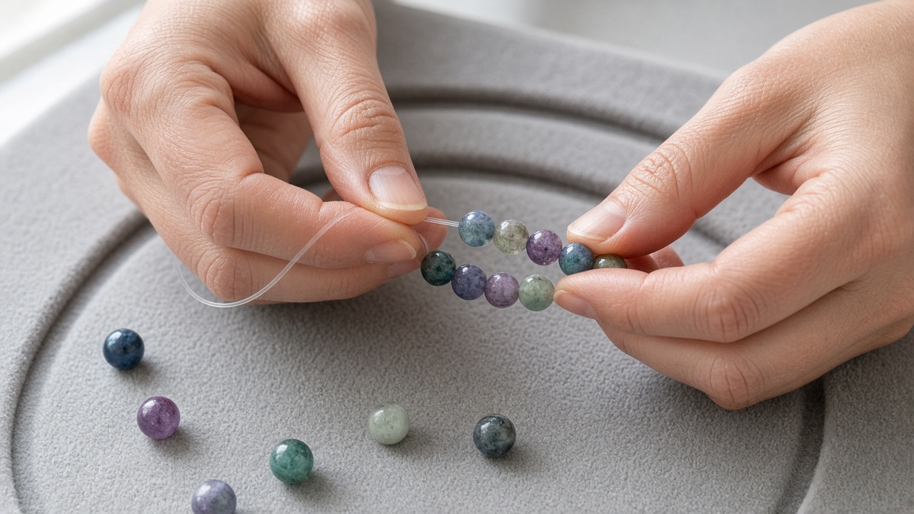 Hands stringing gemstone beads into a bracelet on a bead board