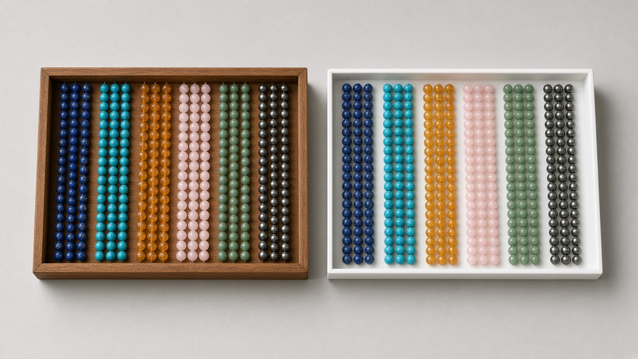 Two trays of gemstone bead strands in rows of blue, teal, amber, pink, green and grey