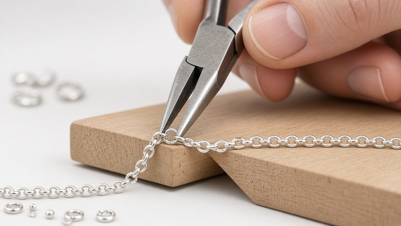 Round-nose pliers working a link on a silver chain over a wooden bench pin