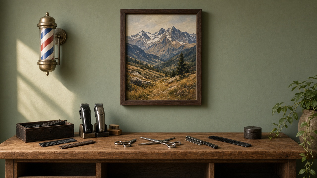 A brass barber-pole lamp and a mountain landscape painting above clippers, scissors and combs on a wooden counter