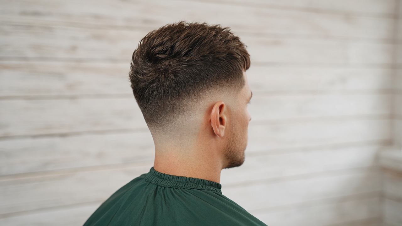 A textured crop with a skin fade, seen in side profile in a green cape