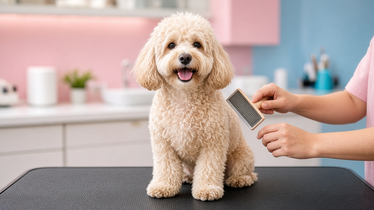 Style inspiration: a freshly groomed fluffy small dog on a grooming table with a groomer's hands holding a brush