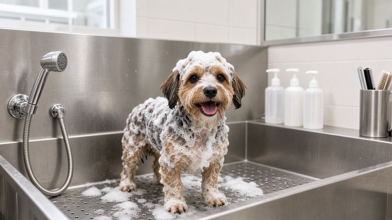 Style inspiration: a small dog in a grooming tub covered in white suds