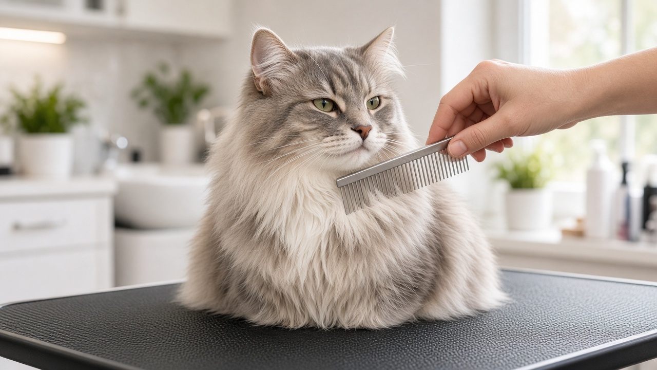 Style inspiration: a fluffy long-haired cat being gently brushed on a grooming table