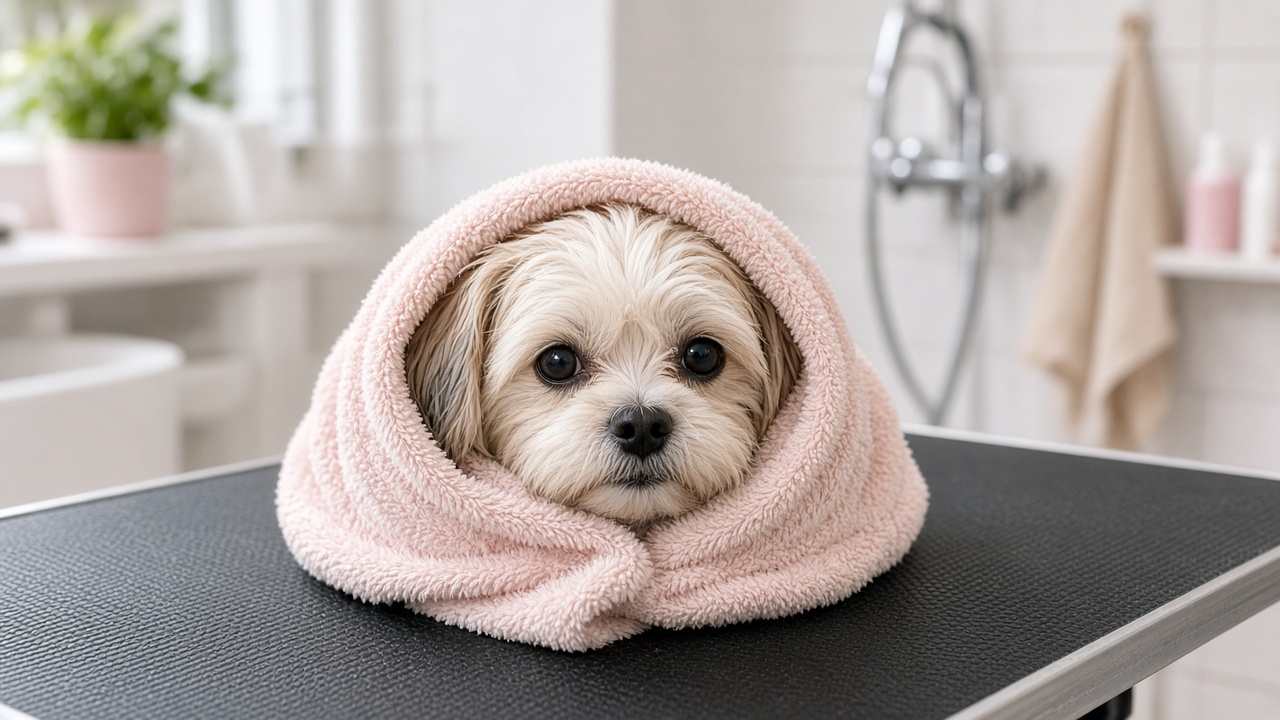 Style inspiration: a freshly bathed small dog wrapped in a soft towel