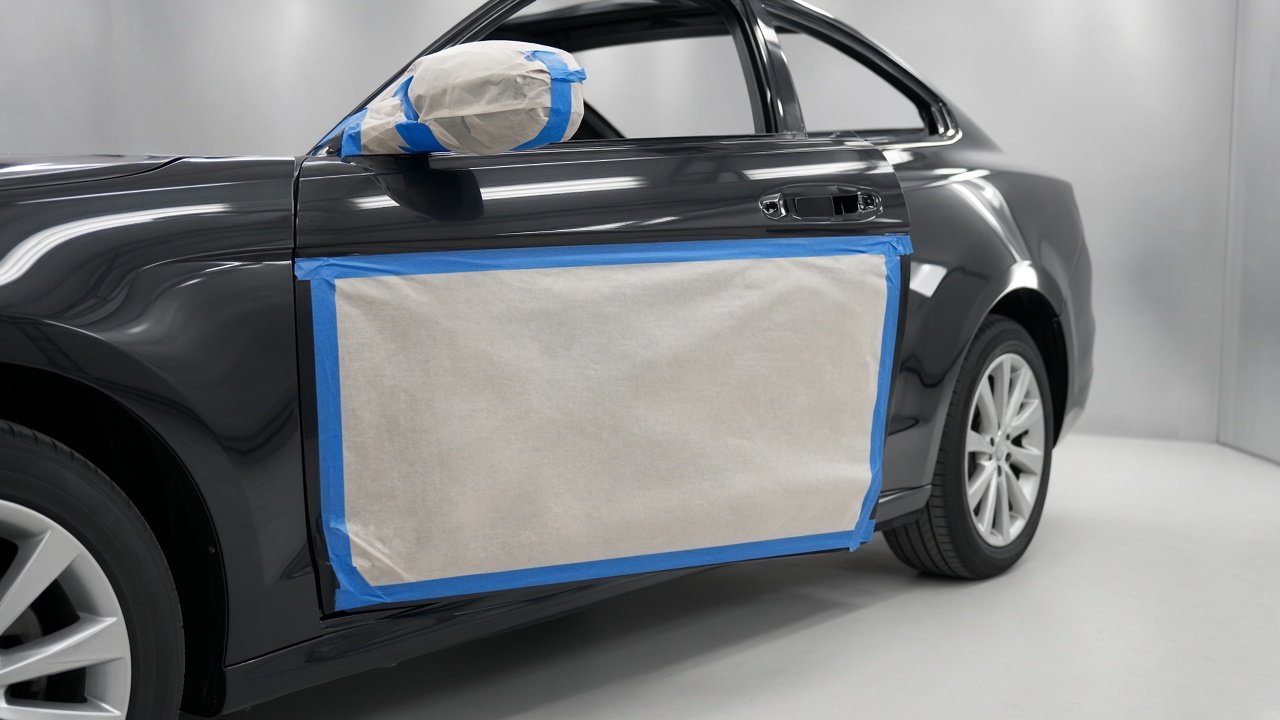 Style inspiration: a car door masked off with tape and paper, ready for paint