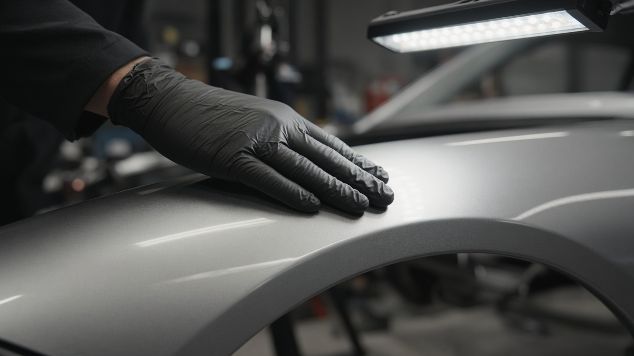 Style inspiration: a gloved hand checking the body line of a repaired fender under a work light