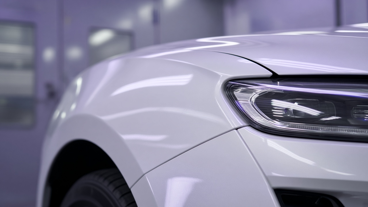 Style inspiration: a freshly repaired, glossy pearl-white car fender and headlight area under soft shop lights
