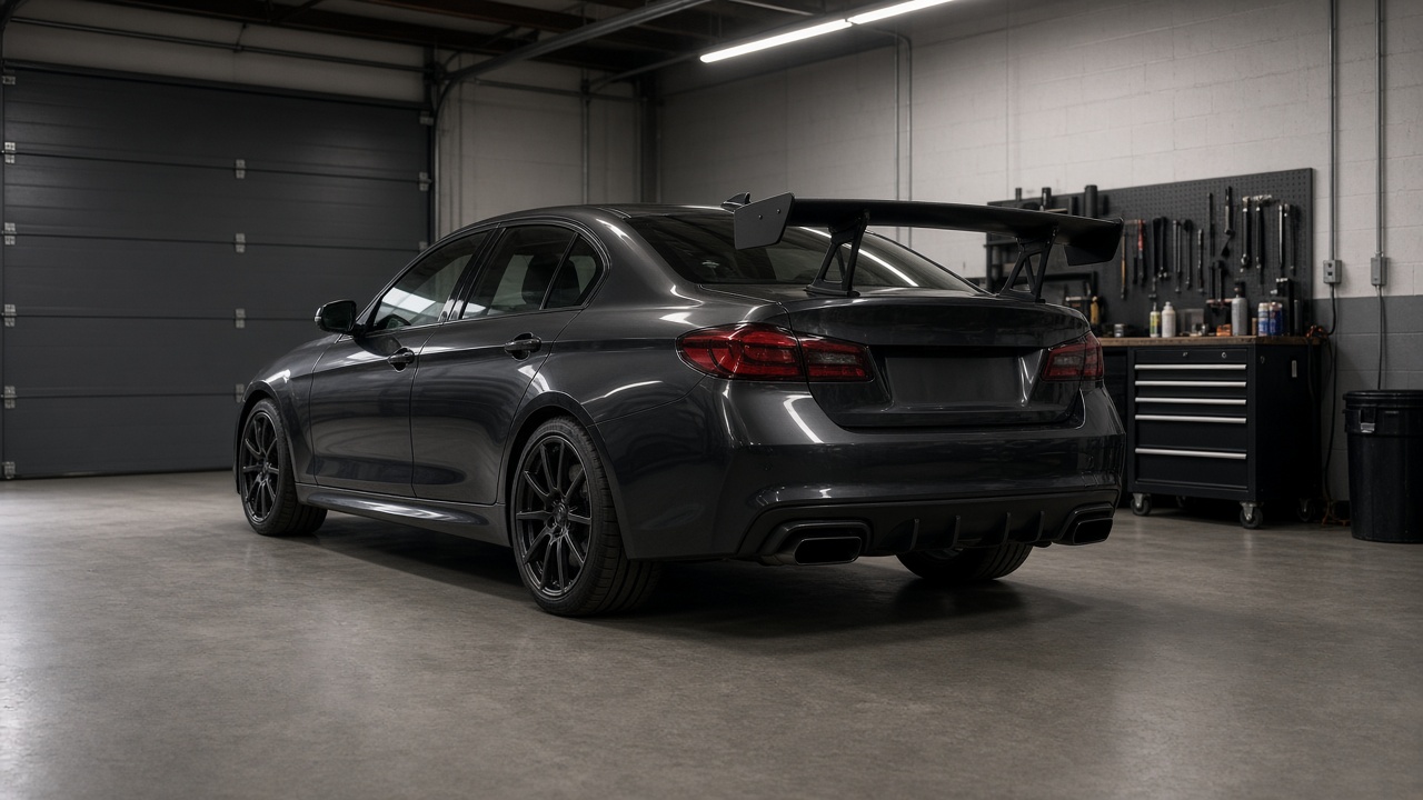 Style inspiration: the rear of a generic dark sedan with a newly installed rear wing