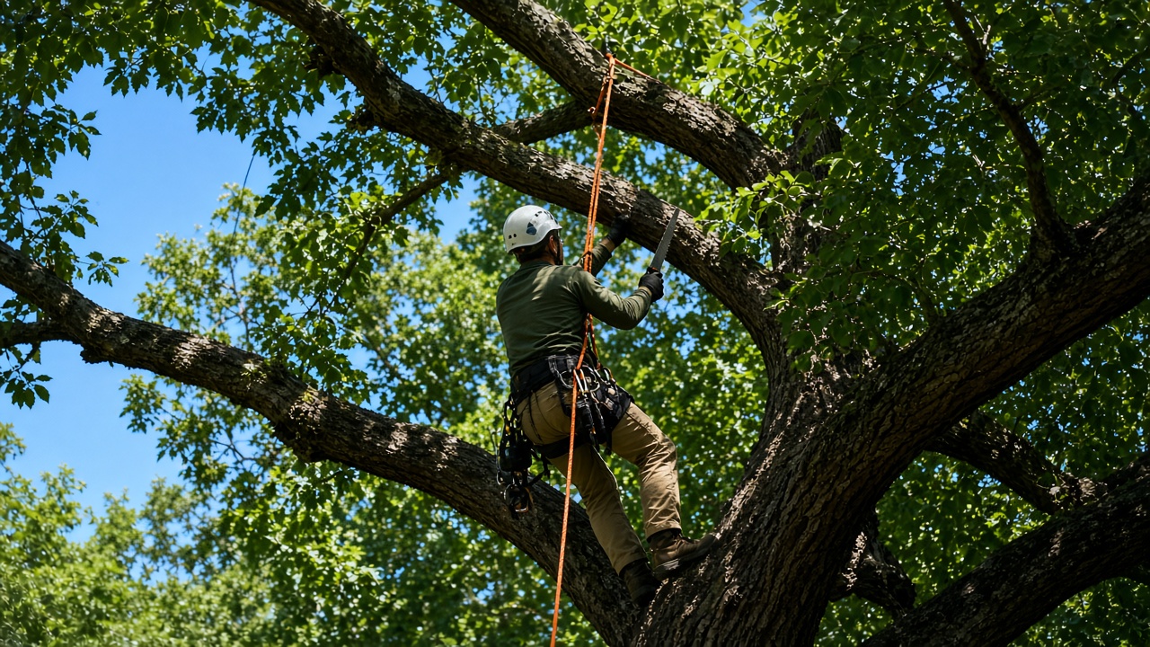 A tree worker in a helmet and harness, tied in with an orange climbing rope, pruning high in a large shade tree