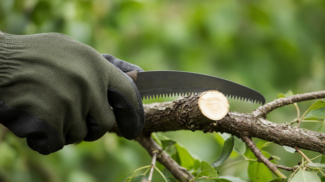 A gloved hand making a clean pruning cut on a branch with a hand saw