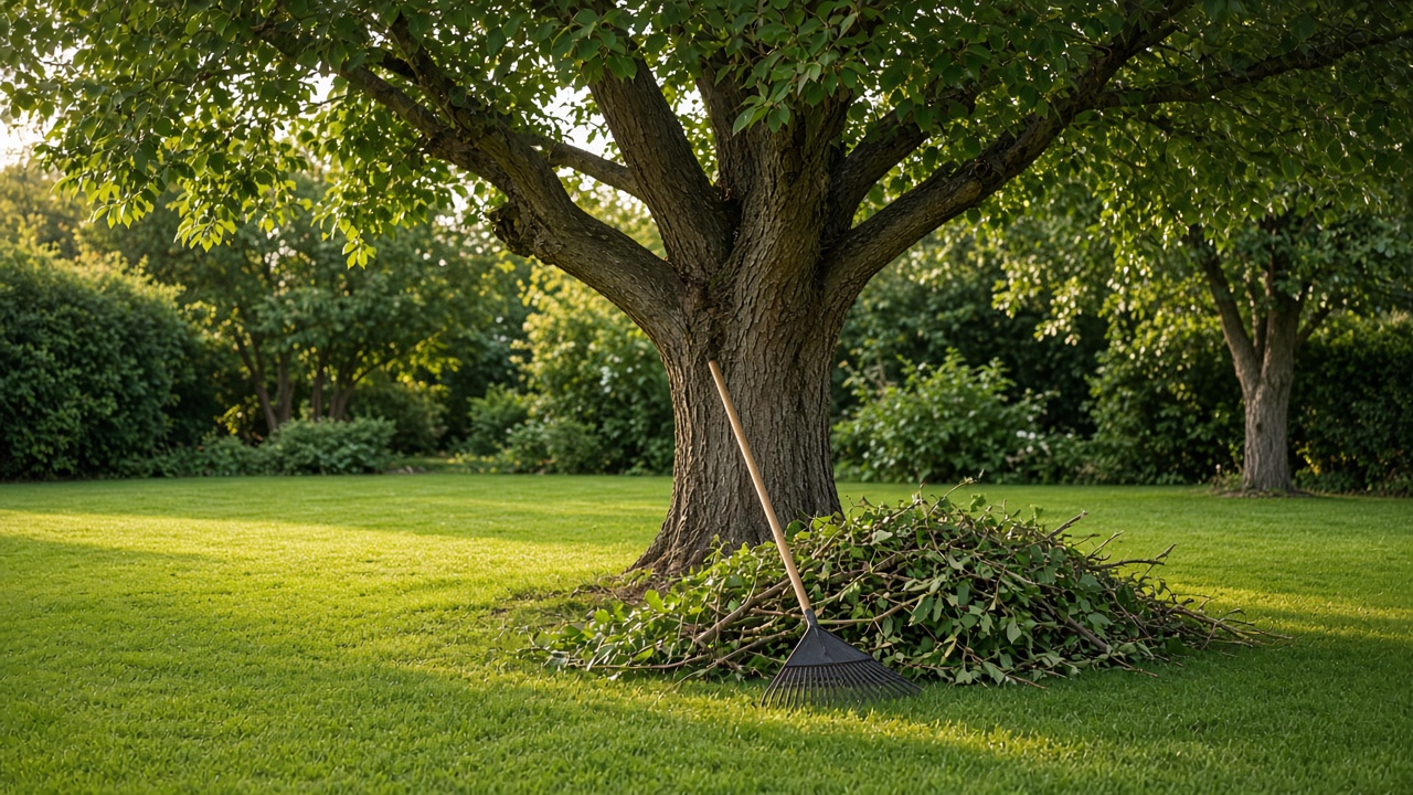 A neatly raked lawn under a freshly trimmed tree with a tidy pile of cut branches