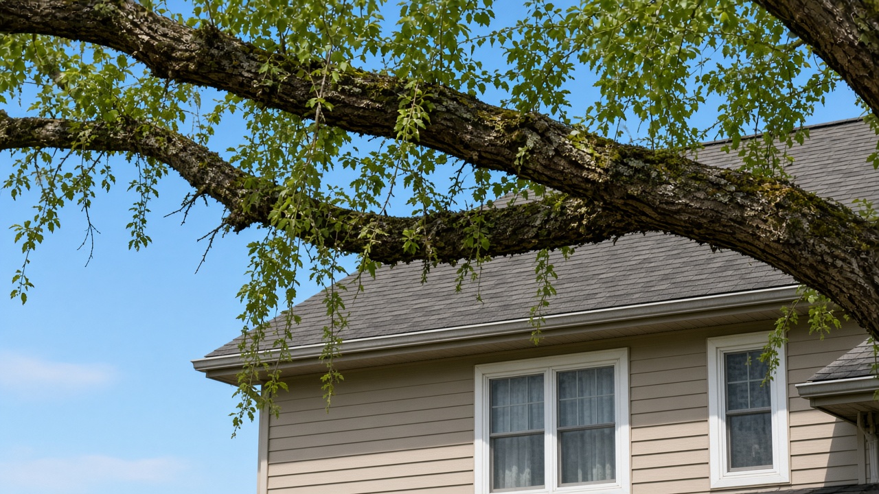 A large tree limb hanging low over the roof of a house