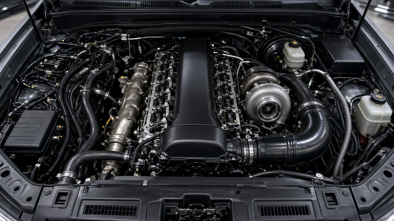 A diesel engine bay under bright shop lights, clean and detailed
