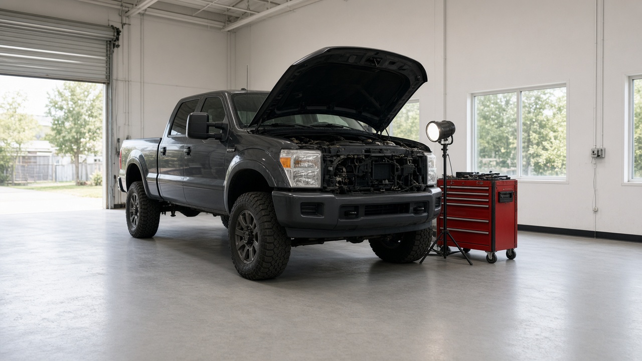 A dark diesel pickup with its hood up on a clean, bright shop floor beside a red tool chest