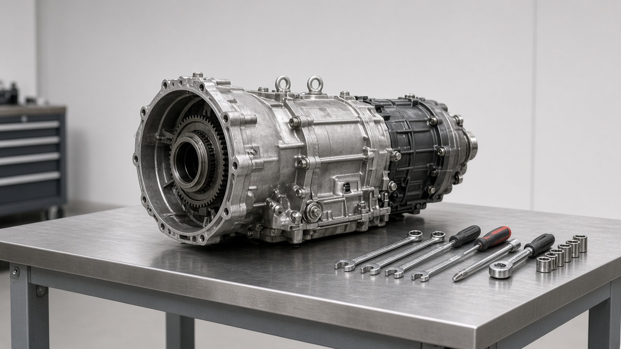 A manual truck transmission on a workbench under bright shop light