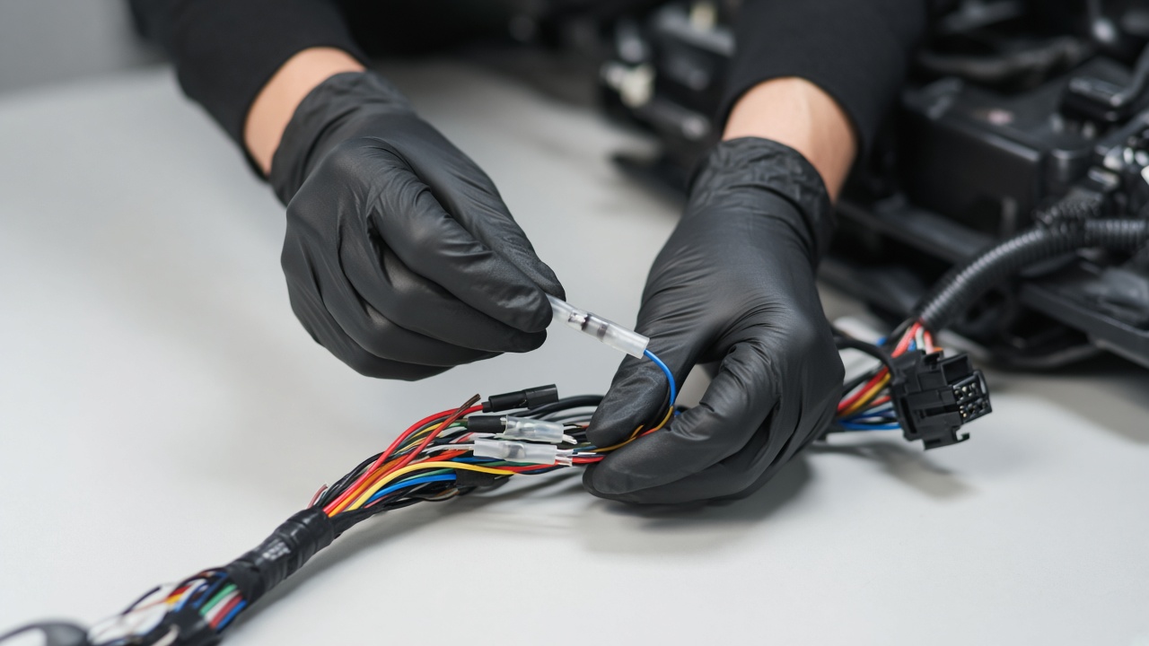 Gloved hands repairing a vehicle wiring harness with heat-shrink connectors