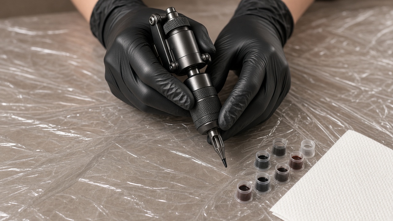Style inspiration: gloved hands holding a tattoo machine over a clean, wrapped workstation