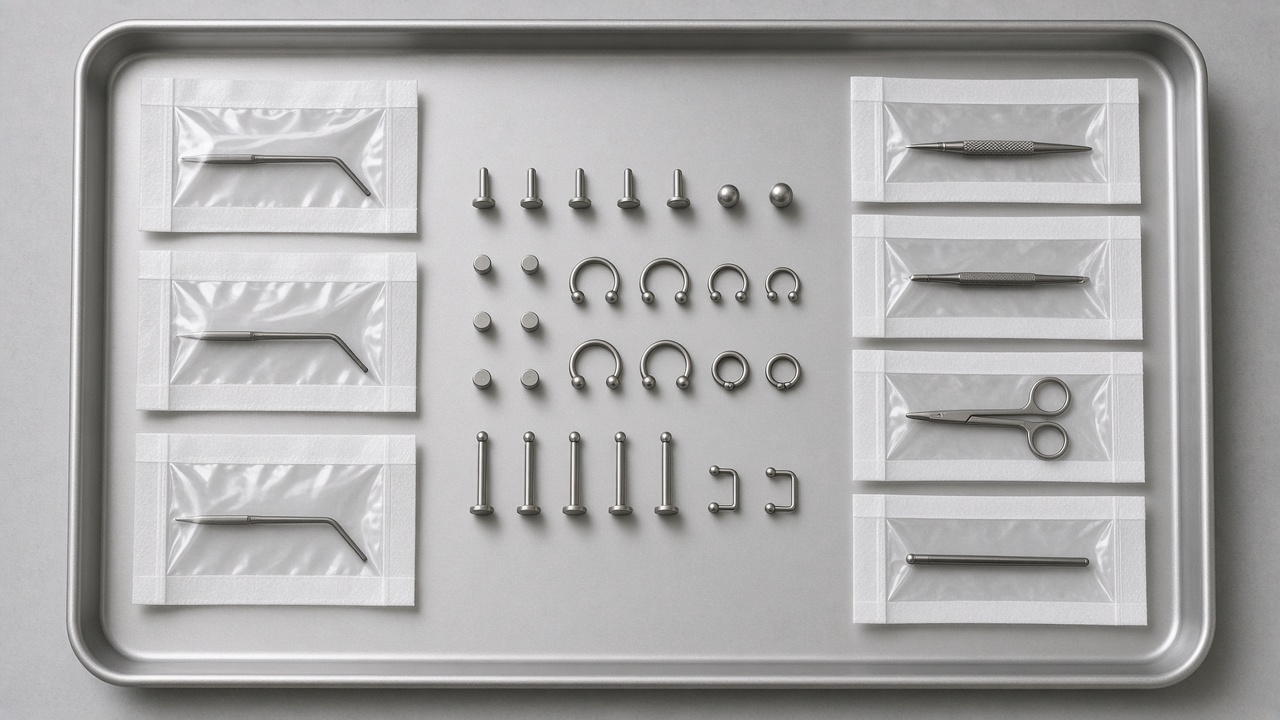 Style inspiration: sterile piercing jewelry and tools laid out on a tray