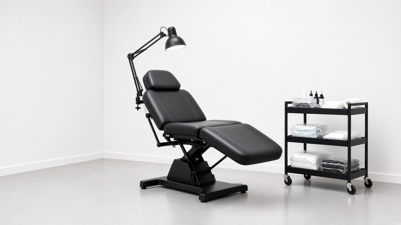 Style inspiration: a clean, bright tattoo station with an adjustable chair and lamp
