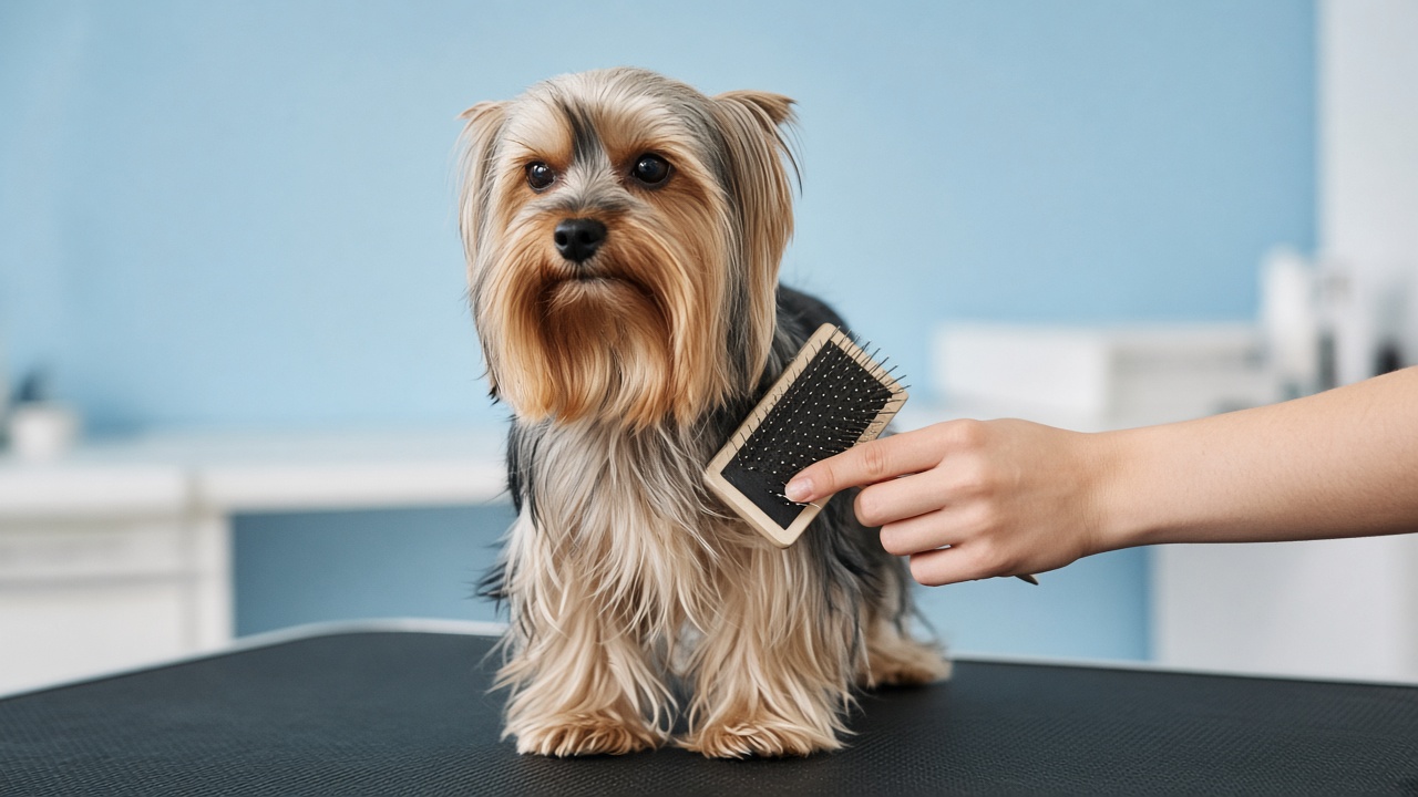 A small long-haired dog being gently brushed out on a grooming table