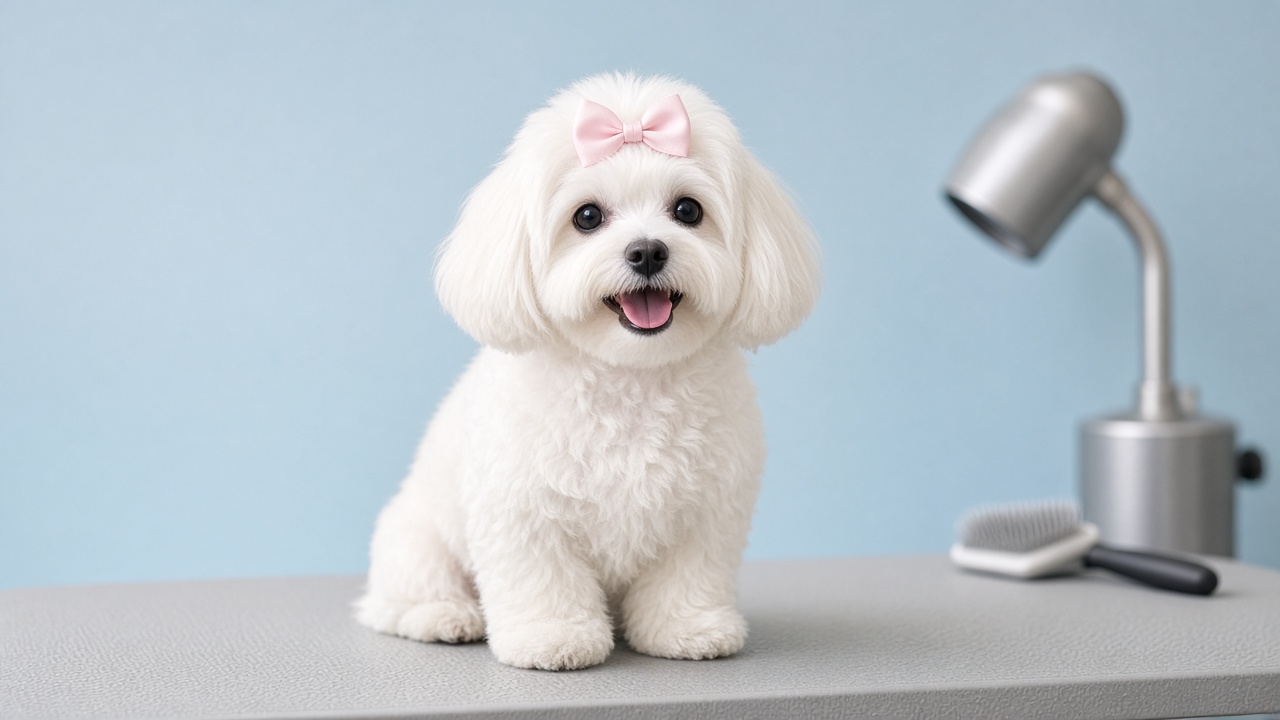 A happy, freshly groomed fluffy small dog with a soft bow sitting on a grooming table