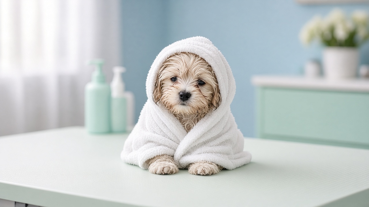 A sleepy puppy wrapped in a soft towel after a bath