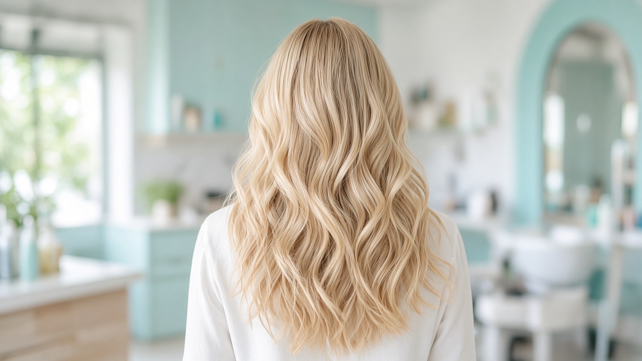 Style inspiration: bright, soft blonde highlights on long hair, seen from behind