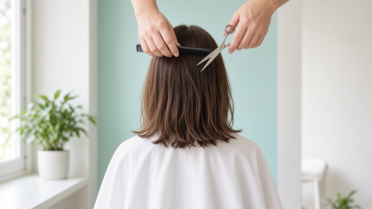 A stylist trimming a client’s shoulder-length hair with scissors and a comb, seen from behind in a bright studio