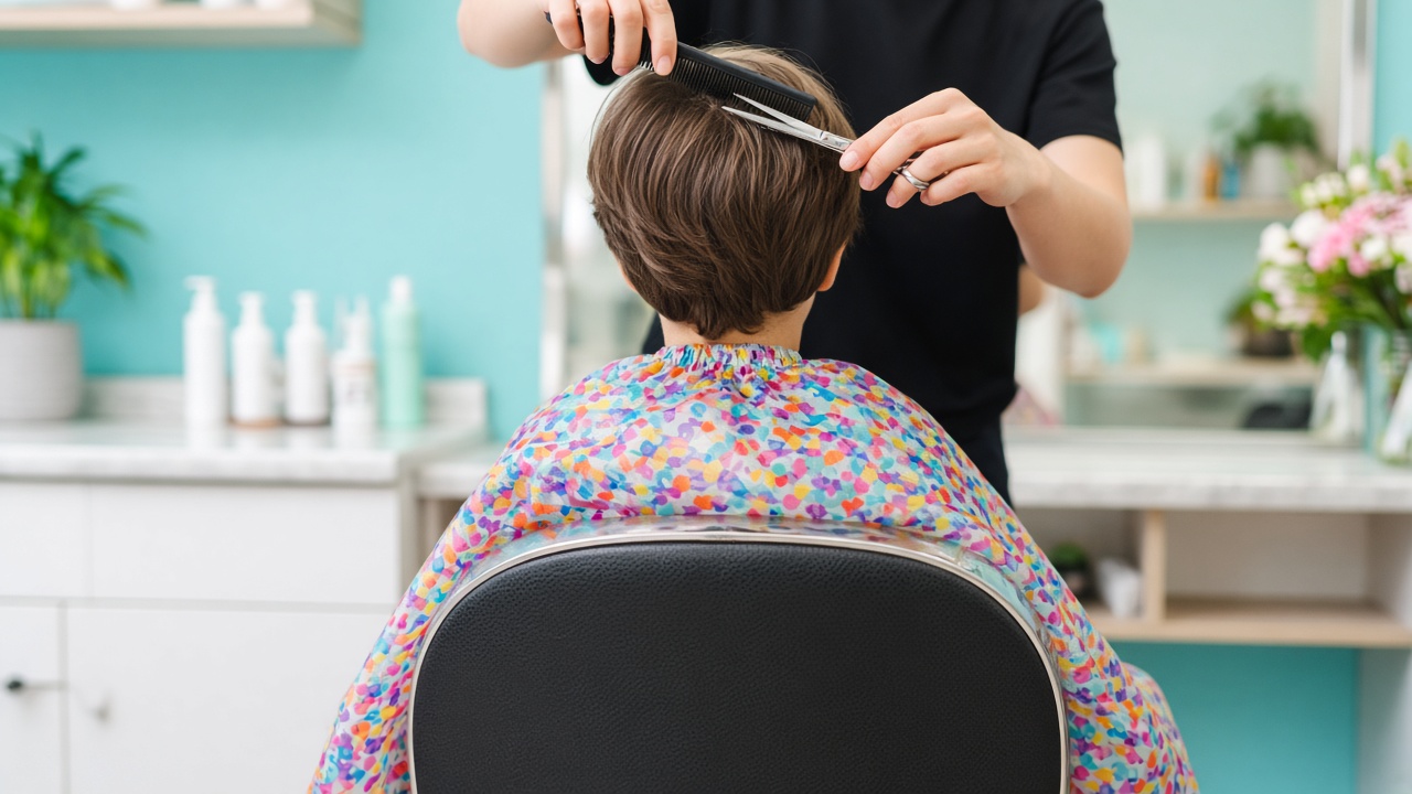 A child in a colorful cape getting a trim with a comb and scissors, seen from behind