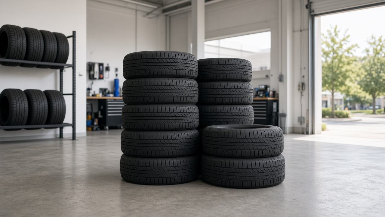 Style inspiration: neat stacks of used tires with good tread in a tire shop