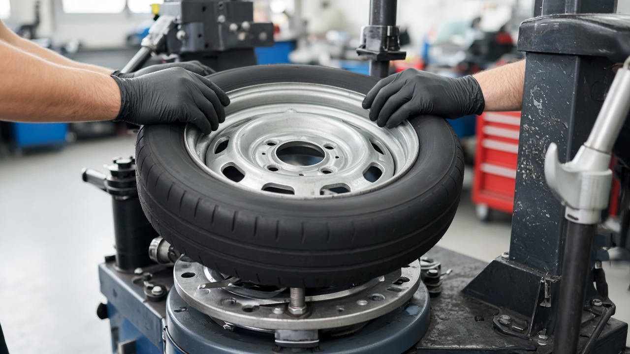 Style inspiration: a tire being fitted onto a wheel on a tire-changing machine