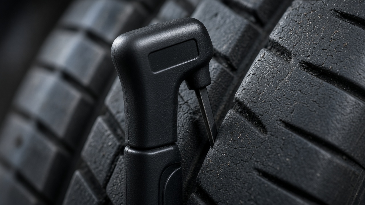 Style inspiration: a tread depth gauge pressed into the tread of a used tire