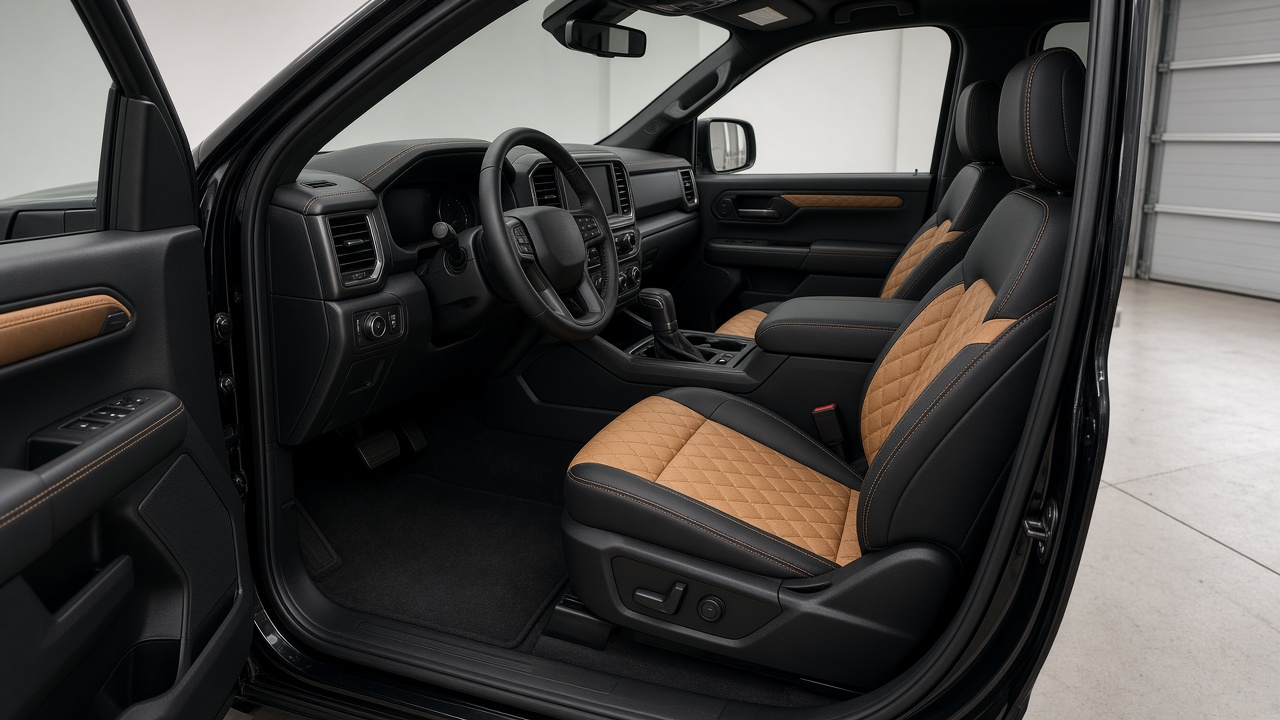 Style inspiration: a pickup truck cabin with black leather front seats and tan diamond-quilted inserts, seen through the open driver door