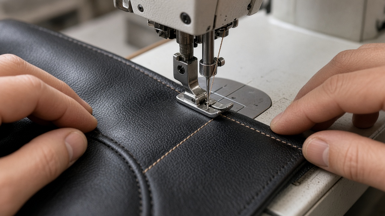 Style inspiration: hands guiding a black leather panel under a sewing machine stitching tan thread