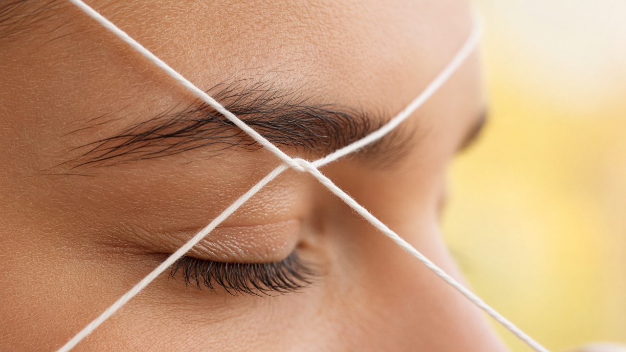Side view of a brow with a crossed cotton thread over it during threading, eye closed