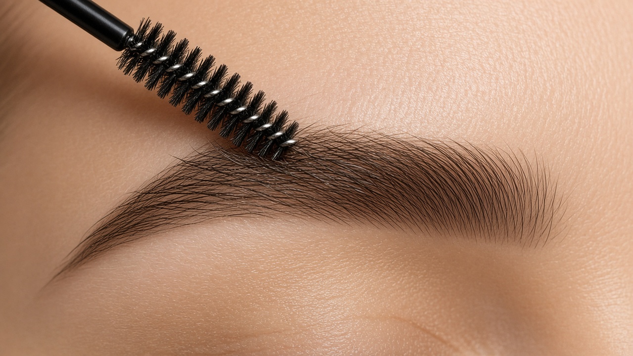 Style inspiration: a full, neatly groomed brow being brushed into shape with a spoolie