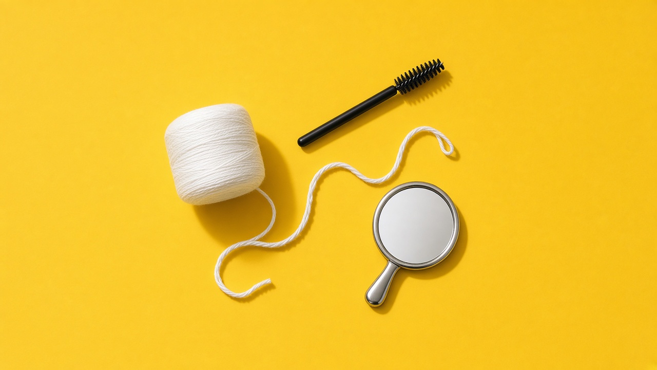 A spool of white cotton thread with a loose twisted strand, a spoolie brush and a small mirror on a sunny yellow surface