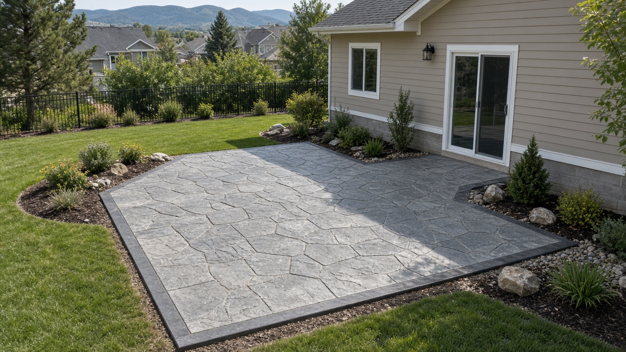 Style inspiration: a stamped concrete patio in a grey stone pattern behind a house, with a lawn and garden beds