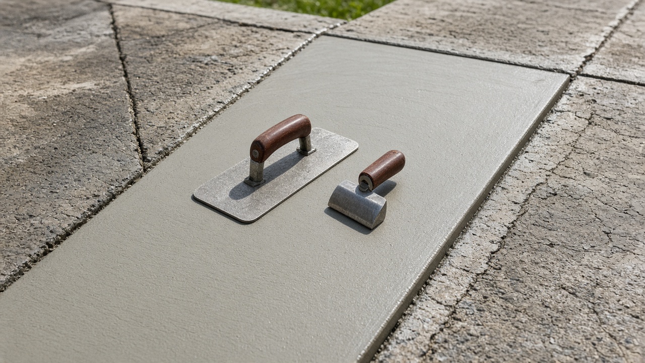 Style inspiration: a freshly poured concrete slab section between older slabs, with a hand float and edger resting on it