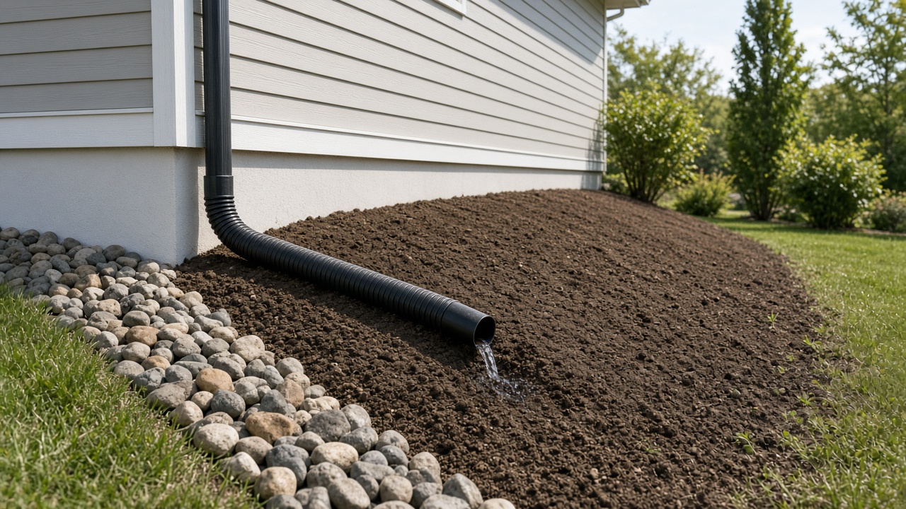 Style inspiration: regraded soil sloping away from a house foundation, with a river-rock border and a downspout extension draining onto it