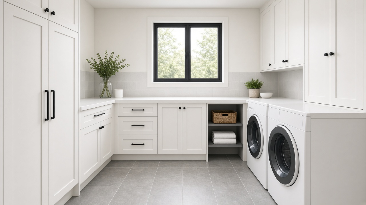 Style inspiration: a bright, updated laundry room with grey tile flooring, white cabinets and a front-load washer and dryer
